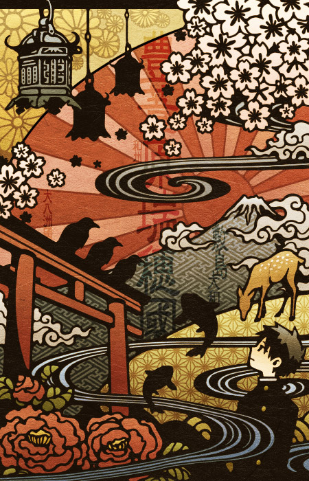 asa_no_ha_(pattern), atamoto_(inch), bad_id, bird, camellia_(flower), cherry_blossoms, deer, fish, flower, kikumon, male, mount_fuji, original, rising_sun, sayagata, solo, torii