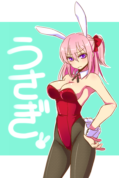 bad_id, breasts, bunny_ears, bunny_tail, bunnysuit, copyright_request, detached_collar, fishnet_pantyhose, fishnets, hand_on_hip, large_breasts, long_hair, nyorori, nyorori_(tatsutaage), pantyhose, pink_hair, purple_eyes, ribbon, side_ponytail, solo, tail, thighs, violet_eyes, wrist_cuffs