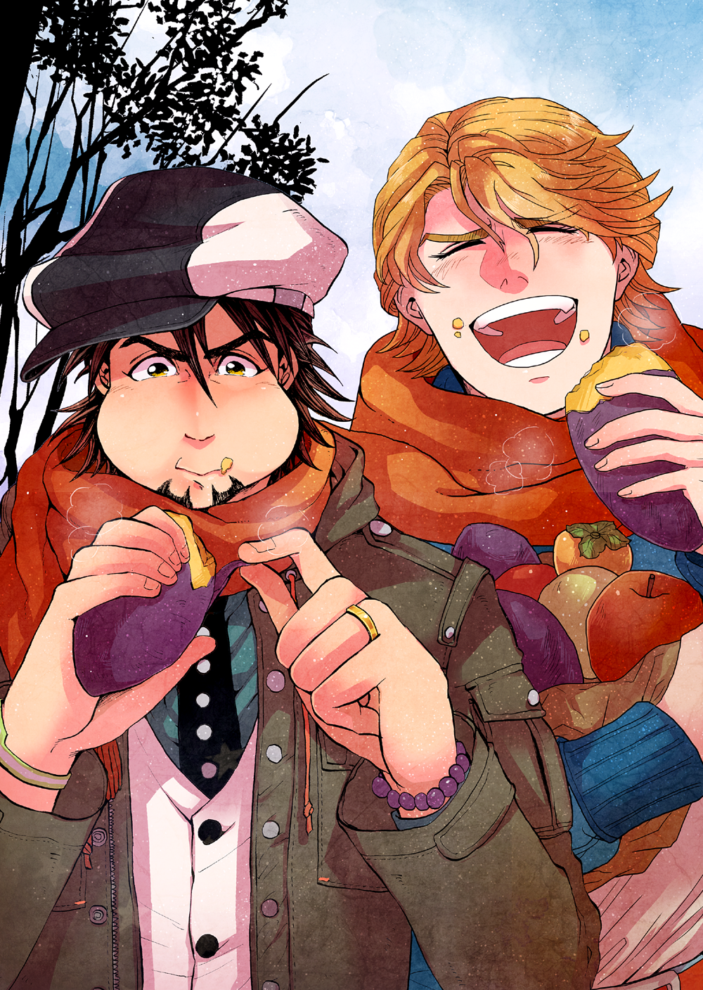 apple, bad_id, blonde_hair, brown_eyes, brown_hair, cabbie_hat, eating, facial_hair