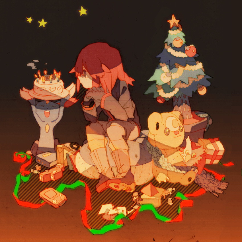 1boy, bad_id, blue_(pokemon), blue_(pokemon)_(cameo), brown_hair, cake, christmas, christmas_tree