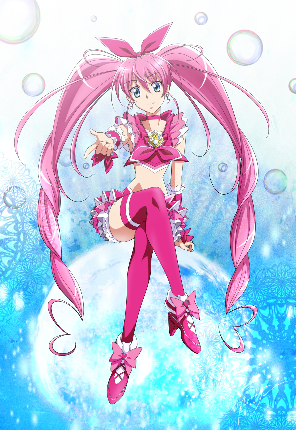 bad_id, blue_background, blue_eyes, brooch, choker, crossed_legs, cure_melody, dress