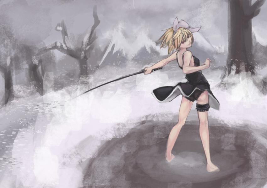 bare_shoulders, barefoot, black_dress, blonde_hair, brown_eyes, dress, frilled_panties, frills