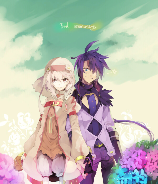 1girl, ahoge, alice_(tales_of_symphonia_kor), blonde_hair, blue_eyes, brown_eyes, coat, couple