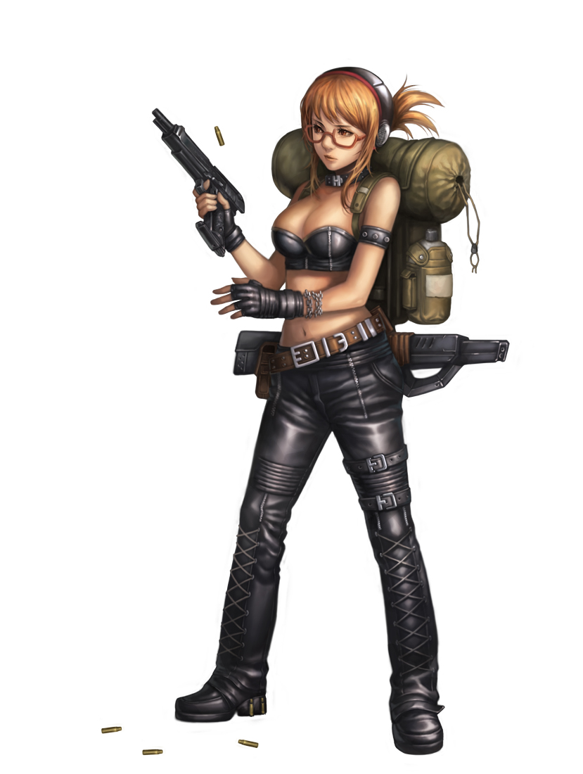 backpack, bag, bare_shoulders, belt, beretta_92, blonde_hair, boots, bottle