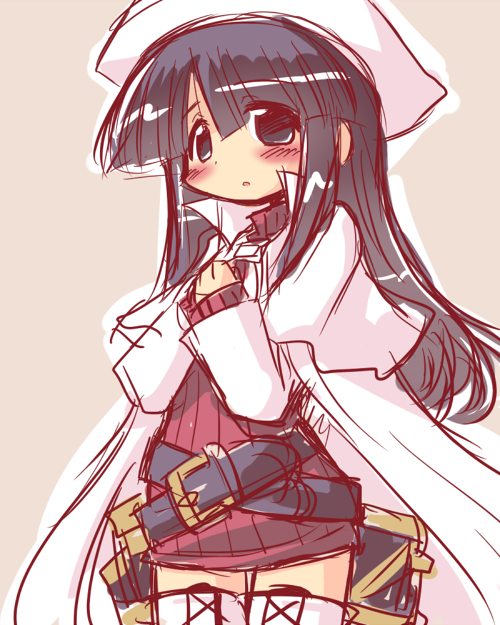 blush, boots, cape, hat, higuchi_aya, ikkyuu, simple_background, solo, summon_night, sweater_dress, thigh-highs, thigh_boots, thighhighs