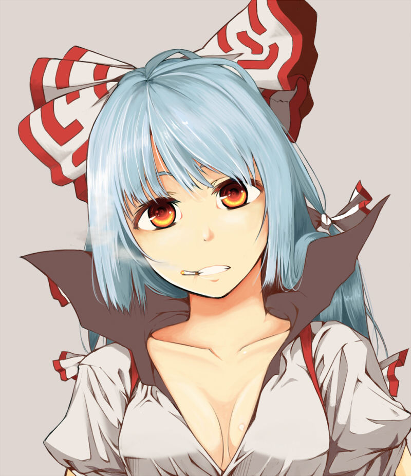 bangs, blue_hair, bow, breasts, bust, cigarette, cleavage, collarbone