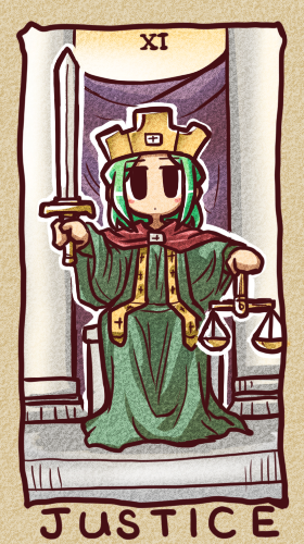 copyright_request, crown, green_hair, ikkyuu, justice_(tarot_card), lowres, robe, scale