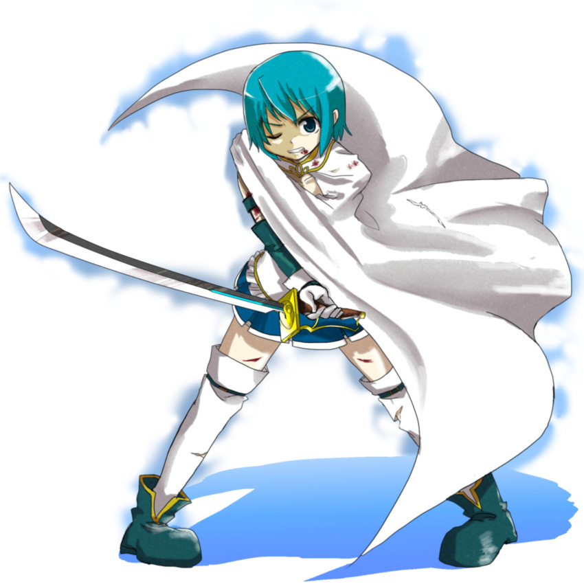 armband, blue_eyes, blue_hair, cape, clenched_teeth, dental, gloves, highres