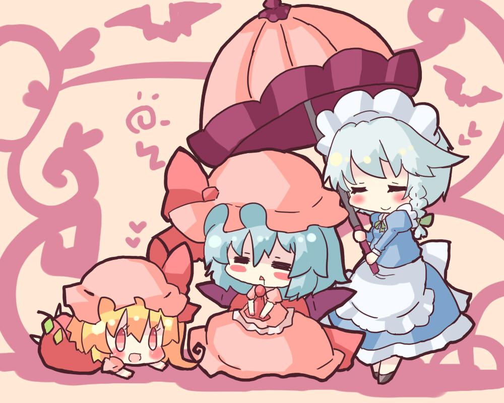 closed_eyes, flandre_scarlet, hanuu_(kemomiku), hat, izayoi_sakuya, maid, remilia_scarlet, ribbon, touhou, umbrella
