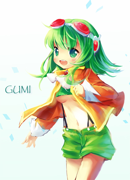bad_id, breasts, goggles, goggles_on_head, green_eyes, green_hair, gumi, headphones