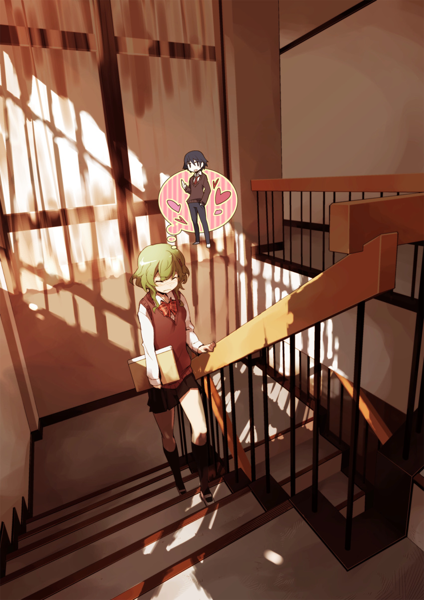 blush, bowtie, closed_eyes, eyes_closed, green_hair, gumi, heart, highres, indoors, school, school_uniform, short_hair, skirt, solo, stairs, thought_bubble, toda_youkon, vocaloid