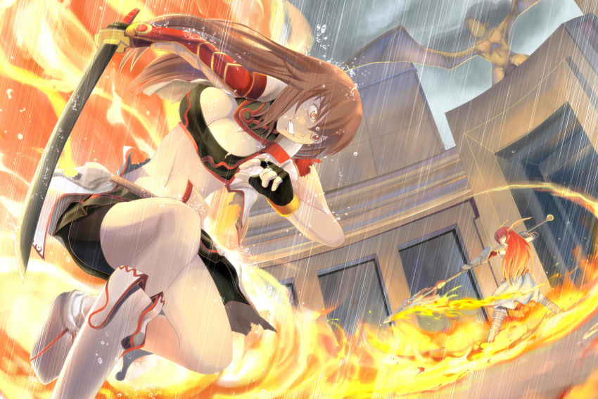 breasts, brown_hair, bustier, cleavage, clenched_teeth, fighting, fire, grimace, heterochromia, lingerie, navel, original, polearm, rain, red_eyes, ringed_eyes, rouzille, spear, sword, taut_shirt, torn_clothes, underwear, weapon, wings, yellow_eyes
