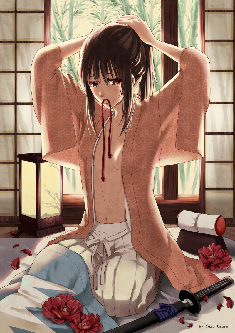 asa_no_ha_(pattern), brown_hair, flower, hakuouki_shinsengumi_kitan, japanese_clothes, katana, kimono, mouth_hold