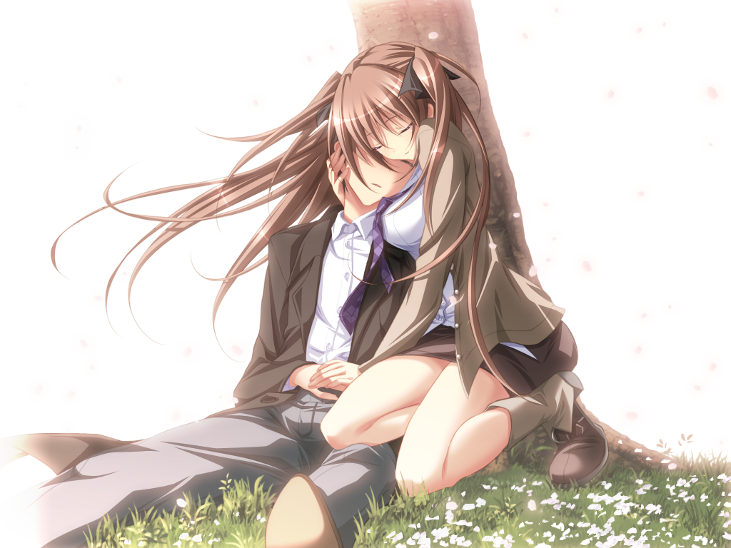 anna_(mirai_nostalgia), brown_hair, game_cg, grass, koku, mirai_nostalgia, purple_software