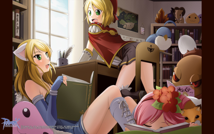 3_girls, alchemist, creator, elbow_gloves, poring, ragnarok_online