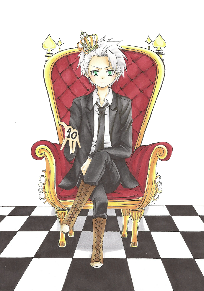 bleach, boots, checkered, checkered_floor, crown, green_eyes, hiiragi_yuki, hitsugaya_toushirou, male, necktie, sitting, solo, white_hair, yukimaru_(awasuver)