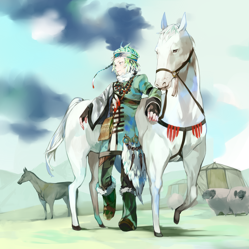 bad_id, braid, feathers, gradient_hair, green_hair, horse, kawwa, male