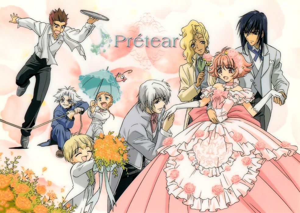 6+boys, ^_^, awayuki_himeno, black_hair, blonde_hair, bouquet, brown_hair, child, choker, closed_eyes, dress, elbow_gloves, eyes_closed, flower, flower_request, formal, frills, gathers, gloves, gou_(pretear), hajime_(pretear), happy, hayate_(pretear), kei_(pretear), male_harem, mannen_(pretear), multiple_boys, official_art, pants, pink_hair, pink_rose, pretear, rose, ruffles, sasame_(pretear), shin_(pretear), shoes, short_hair, suit, surprised, title_drop, tray, tripping, umbrella, waiter, white_hair