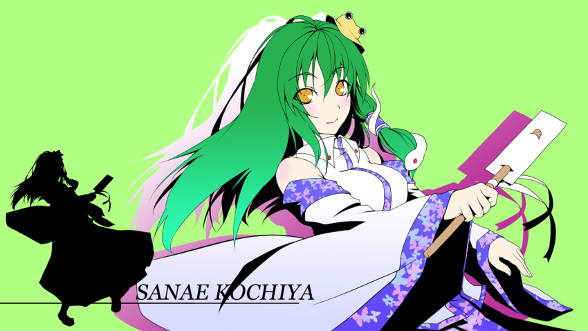 bare_shoulders, character_name, detached_sleeves, gohei, green_hair, hair_ornament, hair_tubes, kinsenka