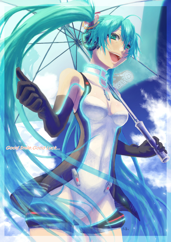 aqua_eyes, aqua_hair, elbow_gloves, gloves, hatsune_miku, headphones, long_hair, open_mouth, race_queen, racequeen, smile, solo, tama_(pixiv69870), twintails, umbrella, very_long_hair, vocaloid