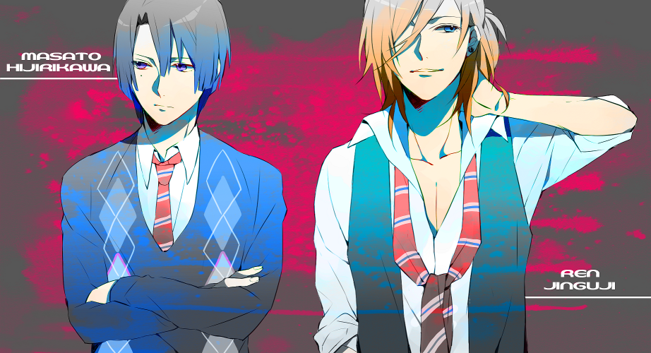 argyle, black_hair, brown_hair, crossed_arms, hijirikawa_masato, jinguuji_ren, m---n, male