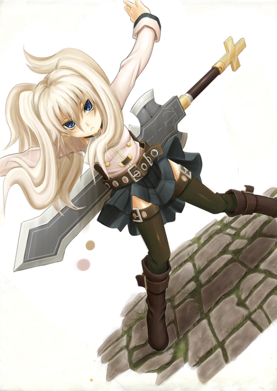 artist_request, belt, blue_eyes, boots, character_request, dorakou, dutch_angle, grass, miniskirt, original, outstretched_arms, skirt, solo, source_request, spread_arms, sword, thigh-highs, thighhighs, weapon, white_hair, wind, wind_lift
