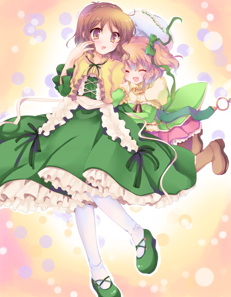 2girls, ^_^, artist_request, boots, bow, brown_eyes, brown_hair, closed_eyes, dress, eyes_closed, frills, gathers, green_dress, hair_ornament, hair_ribbon, happy, hat, highres, hizukiryou, mary_janes, multiple_girls, open_mouth, original, pantyhose, petticoat, puffy_sleeves, ribbon, shoes, short_hair, short_twintails, side_ponytail, source_request, surprised, white_legwear