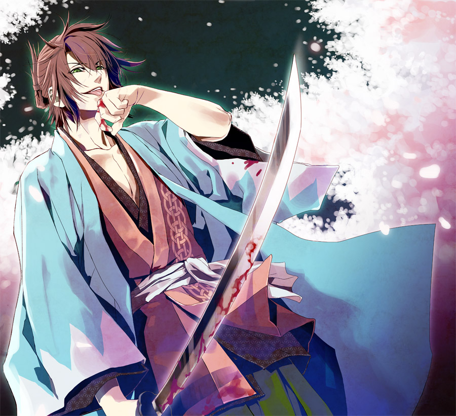 asa_no_ha_(pattern), blood, brown_hair, green_eyes, hakuouki_shinsengumi_kitan, japanese_clothes, kim_jiro, licking
