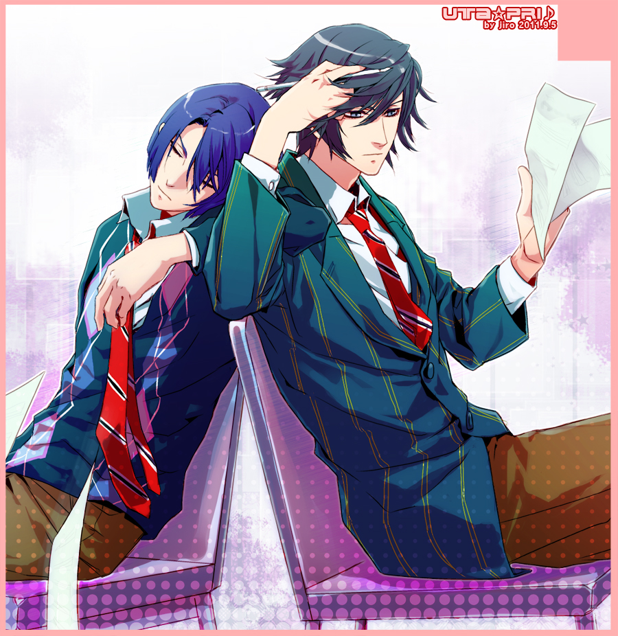 black_hair, blue_eyes, blue_hair, chair, closed_eyes, eyes_closed, hijirikawa_masato, ichinose_tokiya