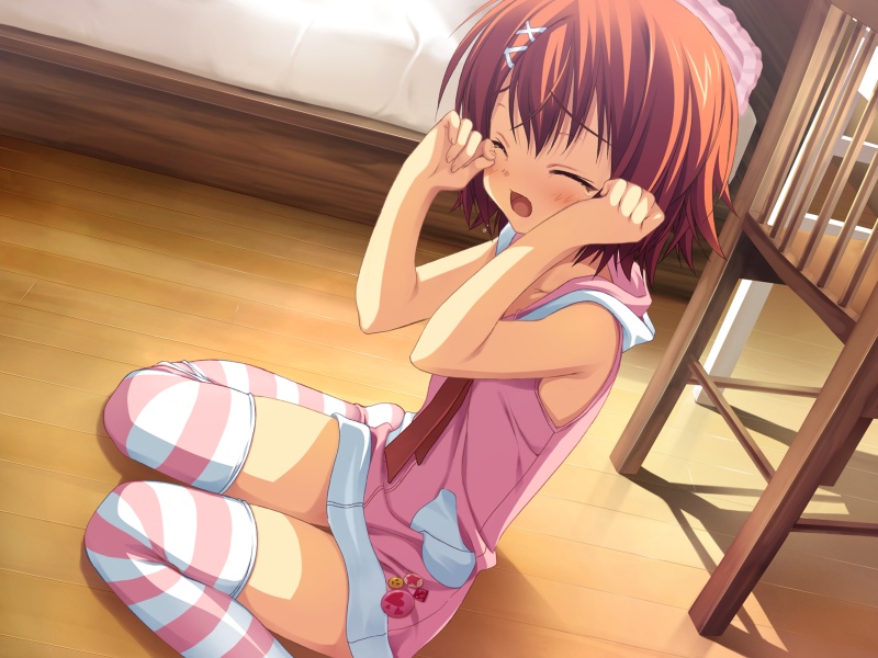crying, flat_chest, loli, natsuzora_kanata, short_hair, sitting, skirt, striped_thigh_highs, tears, thigh_highs