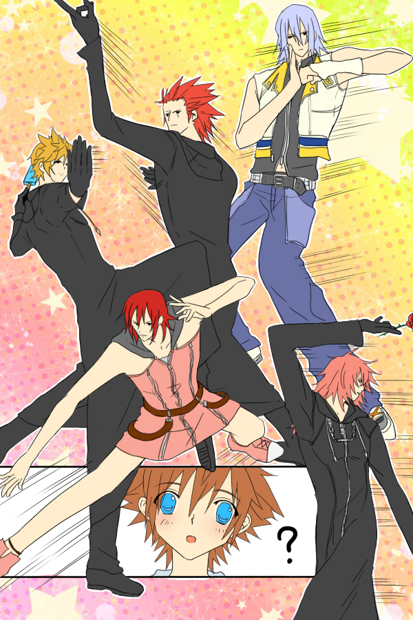 axel, blonde_hair, blue_eyes, brown_hair, bunta01, cloak, facial_mark, flower, food, gloves, ice_cream, kairi, kingdom_hearts, long_hair, marluxia, midriff, parody, pink_hair, red_hair, redhead, riku, rose, roxas, silver_hair, sora_(kingdom_hearts), wristband