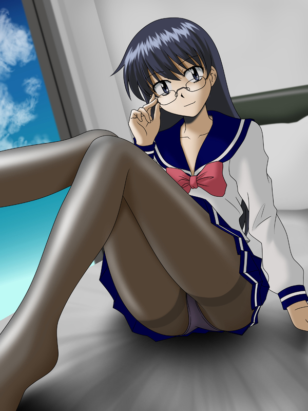 adjusting_glasses, arm_support, bed, black_legwear, blue_hair, glasses, legs, long_hair