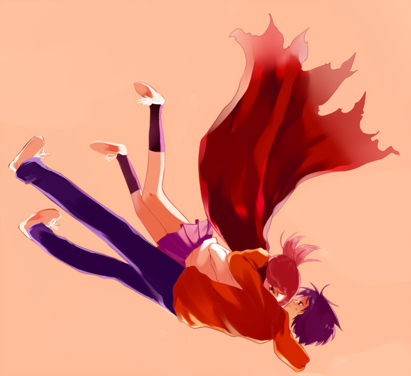 1girl, amamiya_yuuhi, asahina_samidare, bad_id, cape, couple, falling, glasses