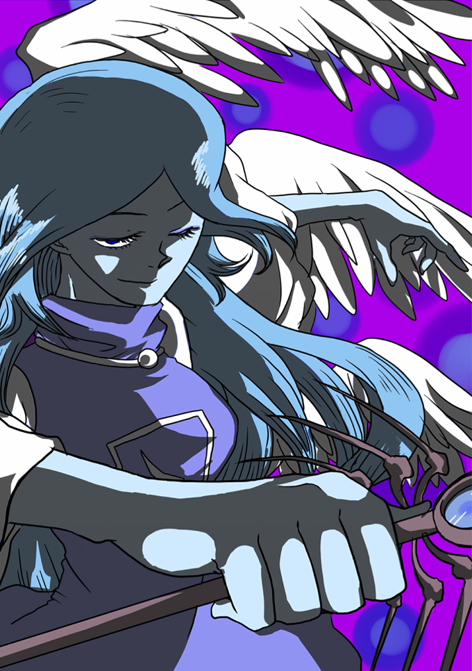 angel, angel_wings, blackjoe, blue_hair, blue_skin, eyeshadow, long_hair, looking_at_viewer