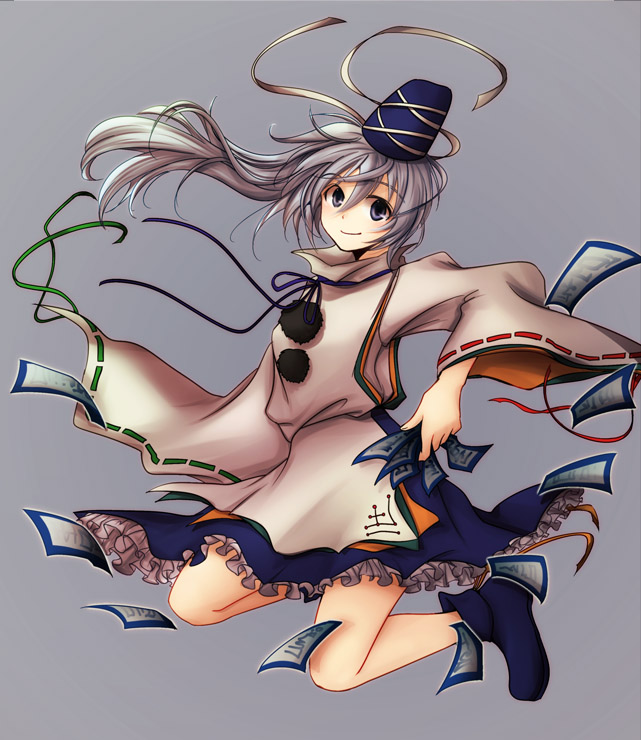 akasaka_sakasu, grey_eyes, hat, japanese_clothes, kneeling, mononobe_no_futo, ofuda, ponytail, ribbon, silver_hair, simple_background, skirt, smile, solo, tate_eboshi, touhou