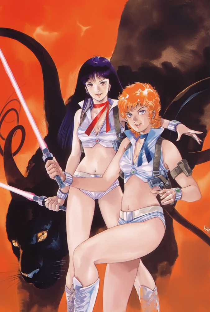 2girls, 80s, animal, armlet, artist_request, black_hair, black_panther, blade