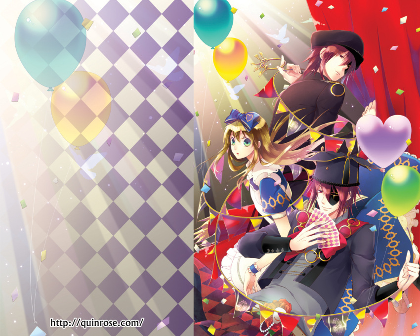 2boys, alice_liddell, animal, apron, aqua_eyes, arm_up, balloon, bird, bow, bracelet, brown_hair, card, cards, confetti, curtains, dress, dual_persona, eyepatch, fujimaru_mamenosuke, hair_bow, hat, heart, heart_no_kuni_no_alice, highres, jester_cap, jewelry, joker_(kuni_no_alice), key, long_hair, looking_back, male, multiple_boys, playing_card, puffy_sleeves, red_eyes, red_hair, redhead, silhouette, skirt, smile, uniform, wallpaper, watermark, web_address