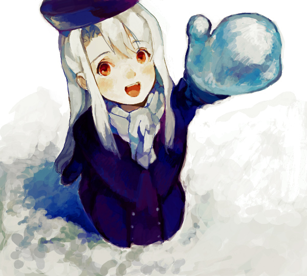 coat, fate/stay_night, fate_(series), hat, illyasviel_von_einzbern, long_hair, mittens, open_mouth