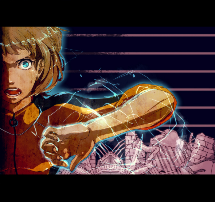 blonde_hair, blue_eyes, bruce_lee's_jumpsuit, bruce_lee's_jumpsuit, degarashi, electricity, glowing_eyes, huang_baoling, letterboxed, short_hair, sleeves_rolled_up, solo, tiger_&amp;_bunny