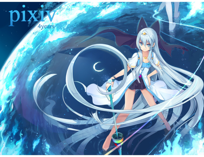 aki_(mare_desiderii), bare_legs, barefoot, blue_eyes, blue_hair, boots, bow, breasts