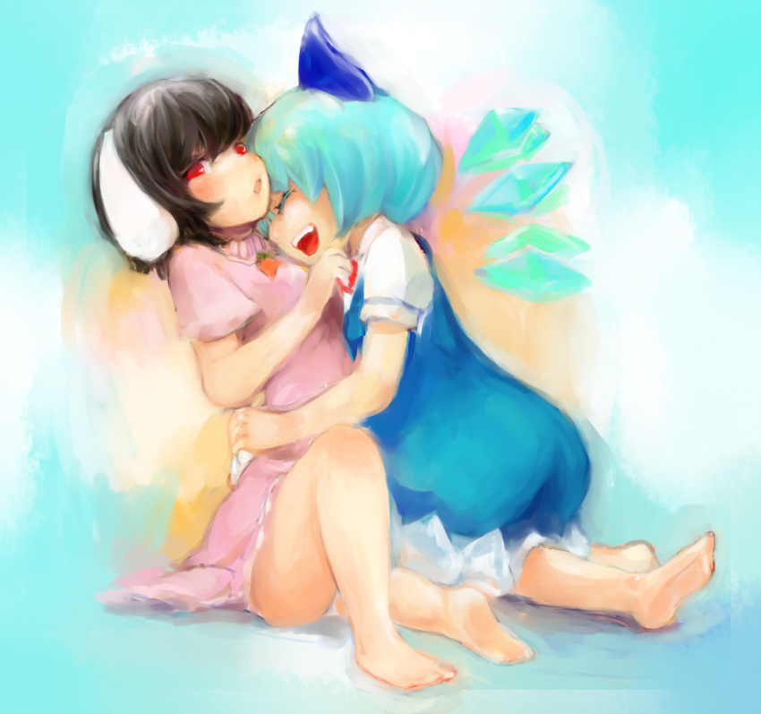bad_id, barefoot, black_hair, blue_hair, bunny_ears, cirno, highres, hug