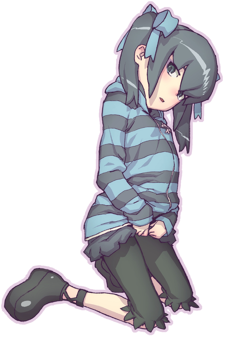 black_hair, bow, child, danball_senki, hair_bow, highres, hijiri_rei, hoodie, mikage_mika, platform_footwear, short_hair, short_twintails, shorts, striped, twintails
