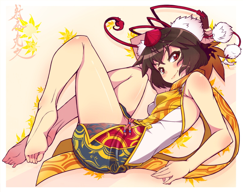 arm_up, bare_legs, bare_shoulders, barefoot, black_hair, blush, breasts, brown_hair