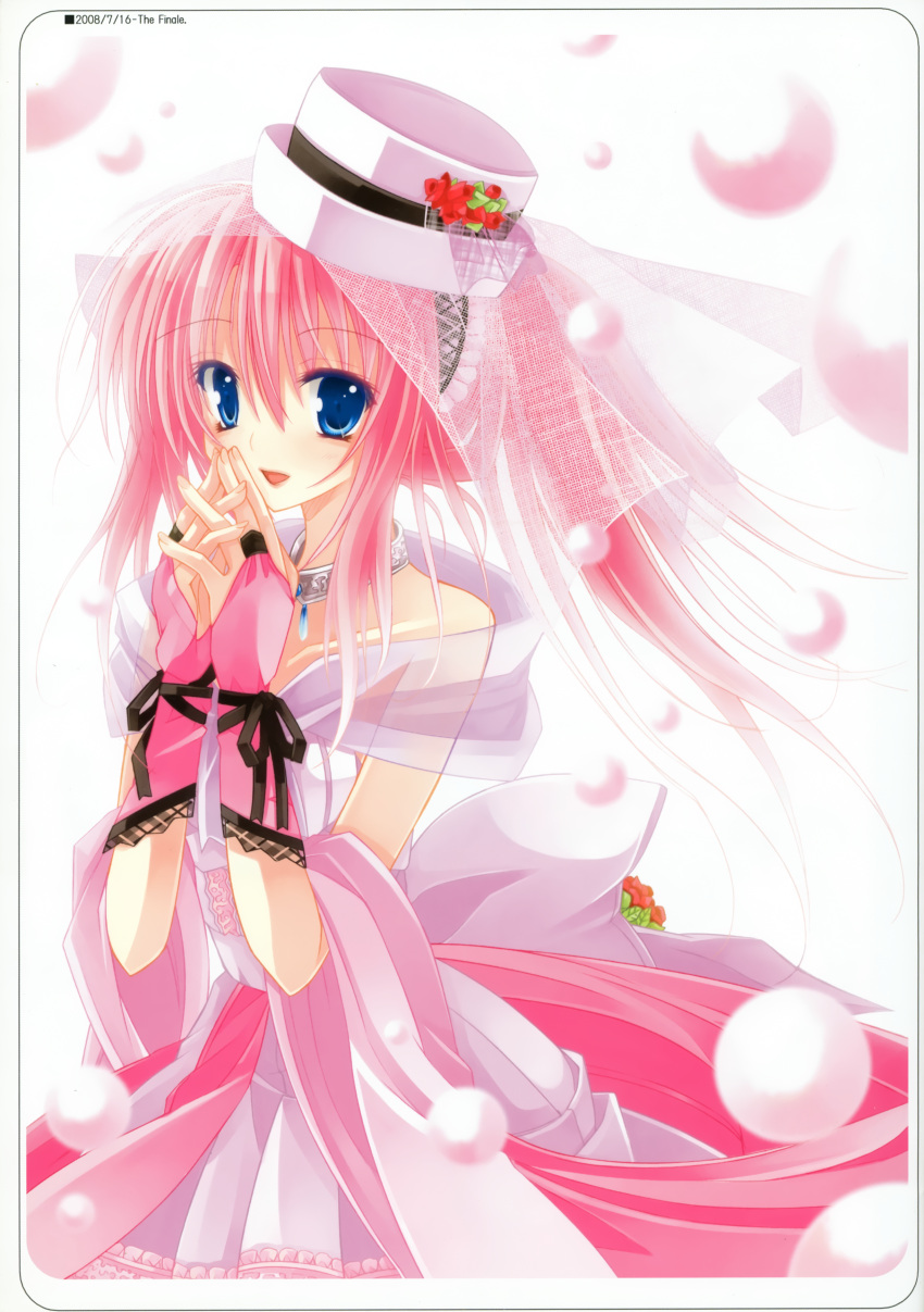 bare_shoulders, blue_eyes, choker, dress, fingerless_gloves, flower, gloves, hands_together, hat, hat_flower, headdress, highres, kannon_ouji, long_hair, looking_at_viewer, open_motuh, open_mouth, original, pink_hair, ribbon, scan, smile, solo, veil