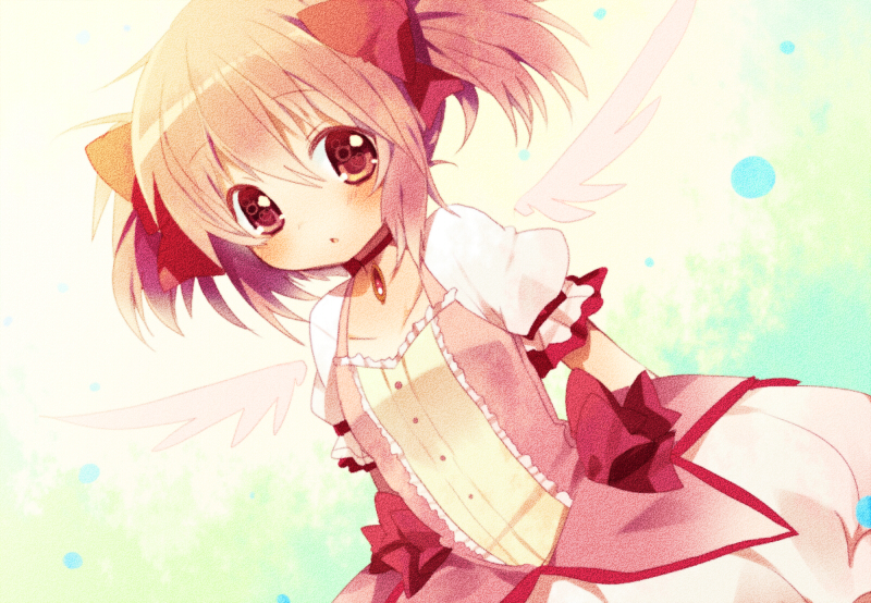1girl, blush, dress, dutch_angle, face, hetaling, jewelry, kaname_madoka, mahou_shoujo_madoka_magica, mini_angel_wings, mini_wings, payot, pendant, pink_eyes, pink_hair, shin_(hetaling), short_hair, short_twintails, stare, tareme, twintails, wings