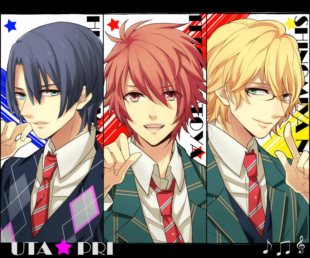 blonde_hair, blue_eyes, blue_hair, glasses, green_eyes, hijirikawa_masato, ittoki_otoya, looking_at_viewer