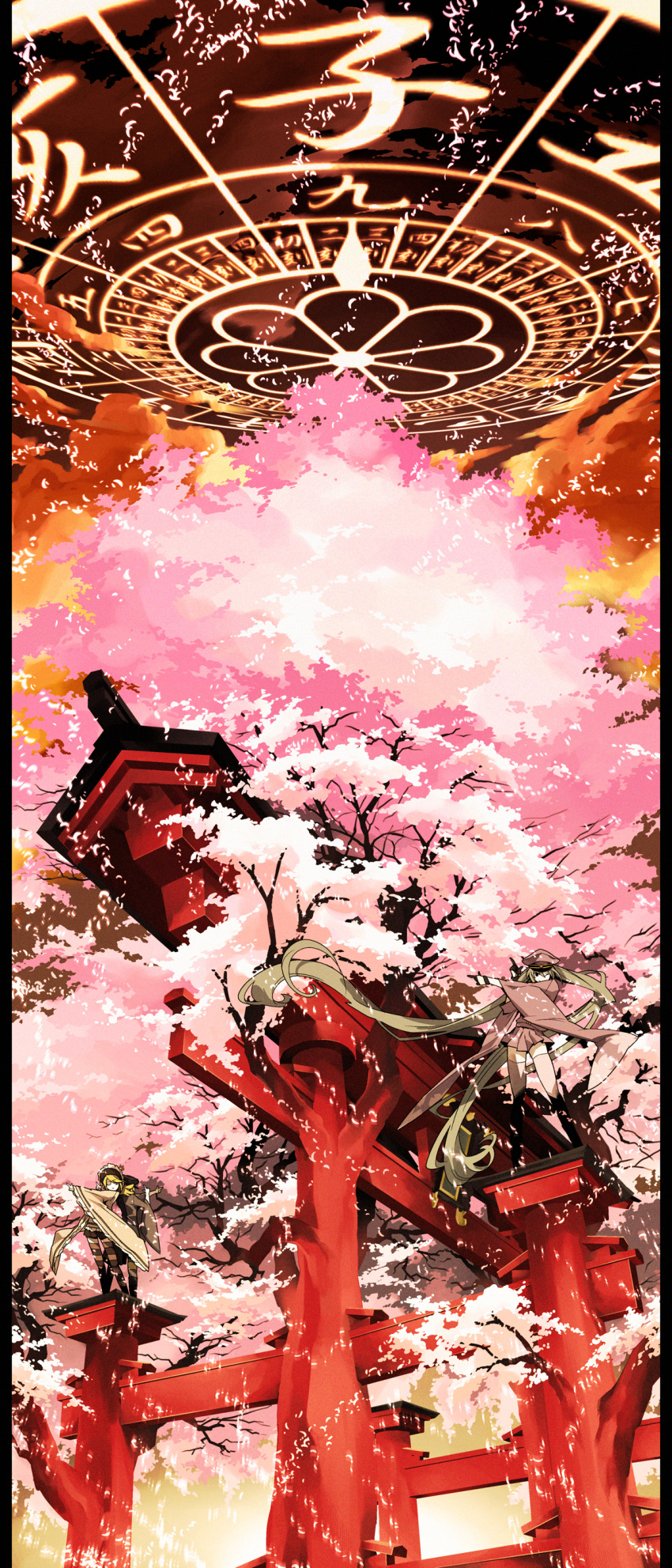 absurdres, blonde_hair, eyepatch, green_hair, hatsune_miku, highres, kagamine_len, kagamine_rin, lolita_fashion, long_hair, long_image, multiple_girls, pillarboxed, pointing, senbon-zakura_(vocaloid), standing, standing_on_object, tall_image, thigh-highs, thighhighs, toda_youkon, torii, tree, twintails, very_long_hair, vocaloid, wa_lolita, wink