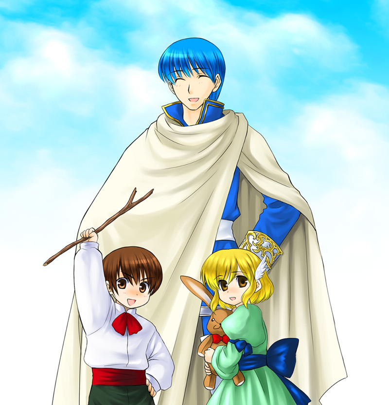 blonde_hair, blue_hair, brown_eyes, brown_hair, cape, closed_eyes, fin, finn_(fire_emblem)
