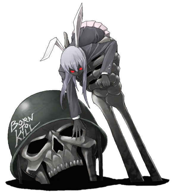bunny_ears, dark_skin, full_metal_jacket, helmet, long_hair, mazeran, persona, red_eyes, reisen_udongein_inaba, shadow, silver_hair, simple_background, skeleton, skull, touhou, transparent_background