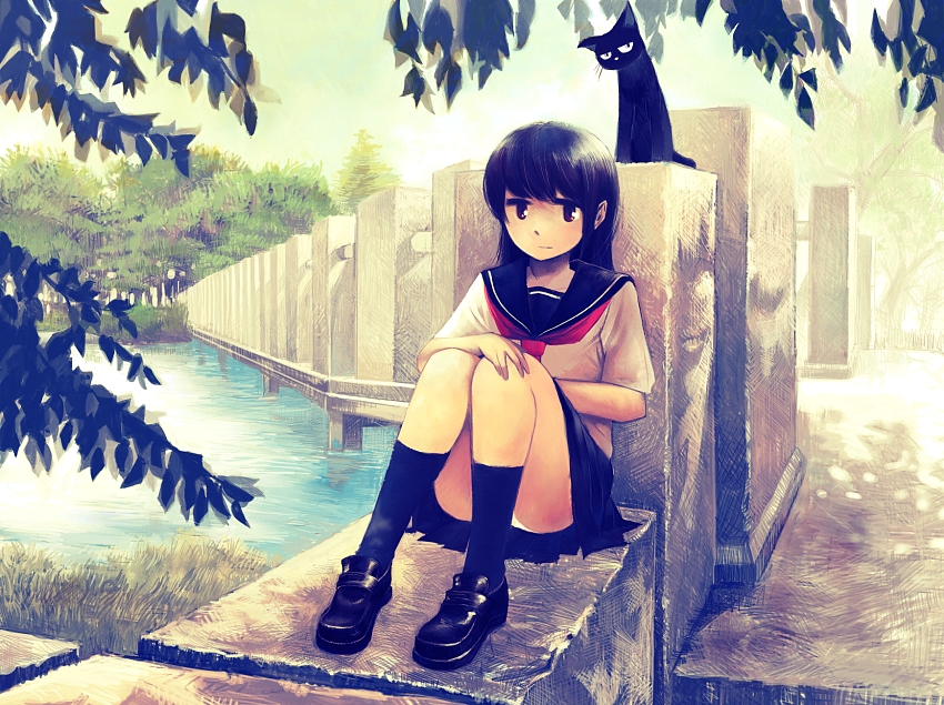 cat, kimura_(pixiv178485), original, panties, scenery, school_uniform, sitting, solo, underwear, water